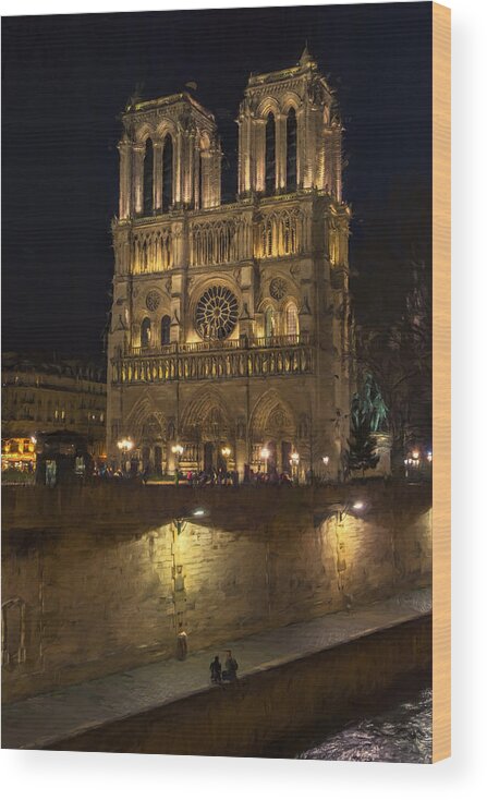 Joan Carroll Wood Print featuring the photograph Notre Dame Night Painterly by Joan Carroll