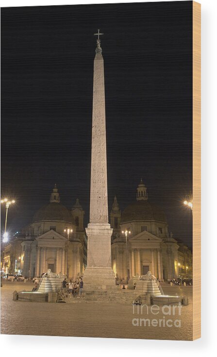 Obelisco Wood Print featuring the photograph Obelisco flaminio and twin churches by night by Fabrizio Ruggeri