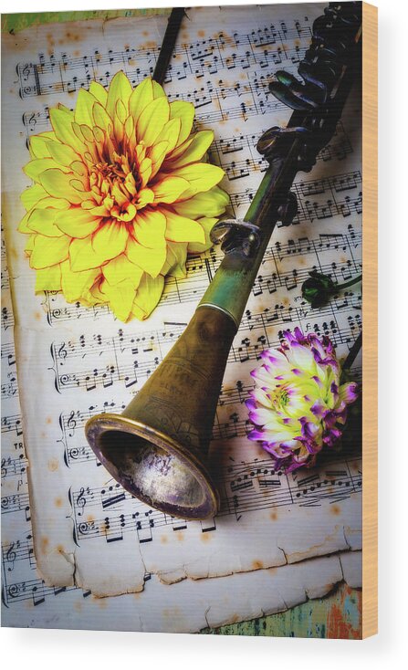 Old Wood Print featuring the photograph Old Clarinet And Dahlias by Garry Gay