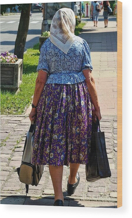 Old Lady Wood Print featuring the photograph Old Lady Off to Work by Mariola Bitner
