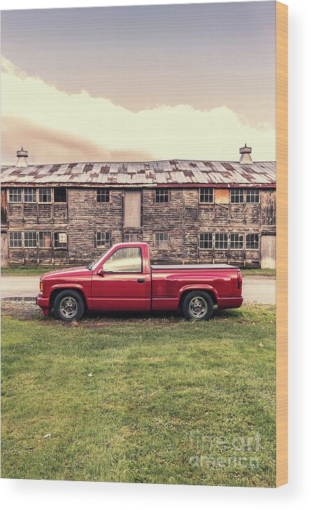 Red Wood Print featuring the photograph Old Red Pick Up Truck in front of an old chicken coop by Edward Fielding