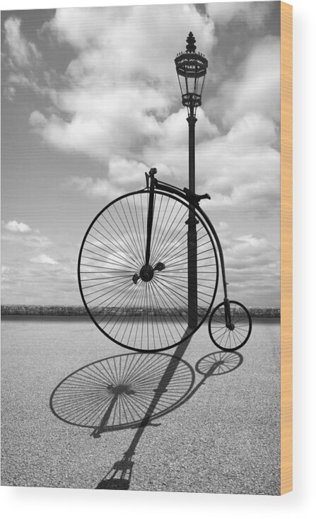Penny Farthing Wood Print featuring the photograph Old Times - Penny Farthing With Street Lamp and Shadows by Gill Billington