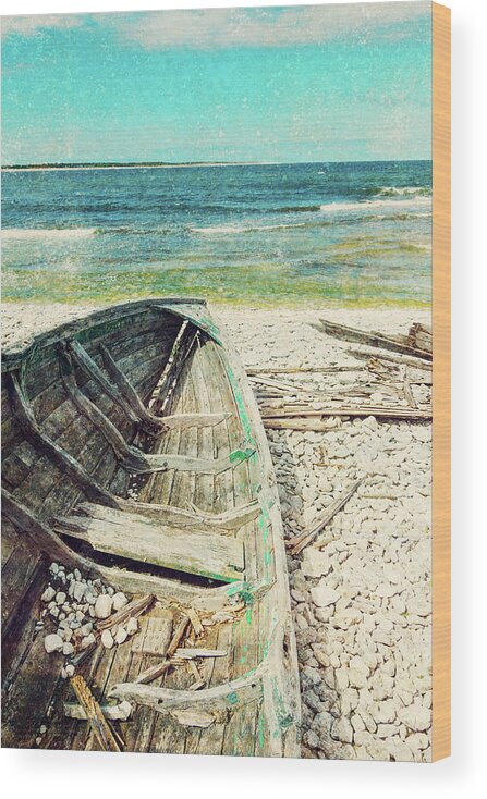 Ship Wood Print featuring the photograph Old wooden boat on the seashore, retro image by GoodMood Art