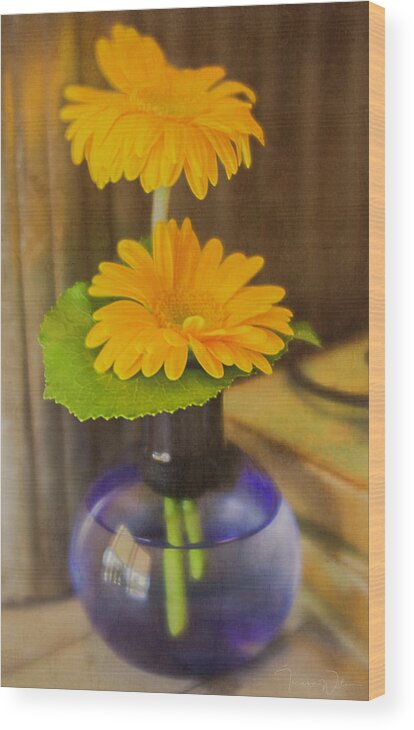 Flowers Wood Print featuring the photograph Orange Flowers Blue Vase by Teresa Wilson