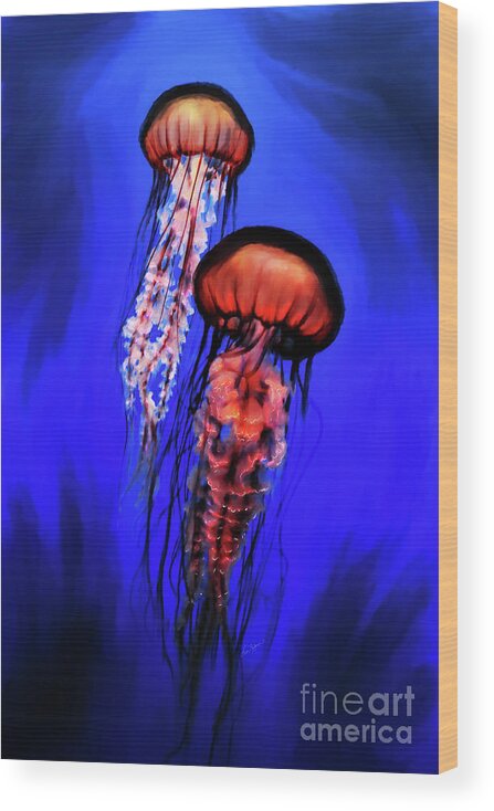 Jellyfish Wood Print featuring the digital art Orange Jellyfish by Lisa Redfern