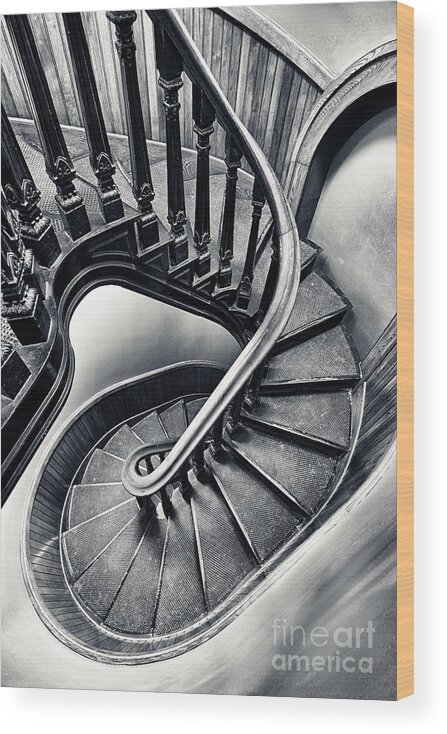 Oval Curved Curve Circle Circular Stair Stairway Stairs Black White Monochrome Wood Print featuring the photograph Oval Stairs 9884 by Ken DePue