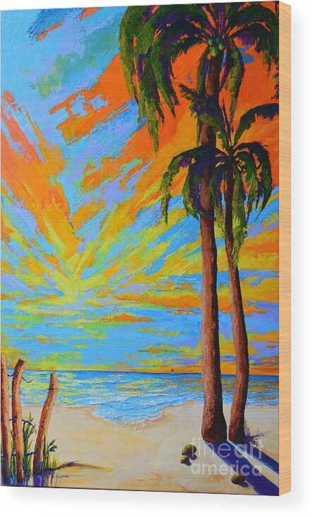 Florida Palm Trees Wood Print featuring the painting Florida Palm Trees, Tropical Beach, Colorful Sunset Painting by Patricia Awapara