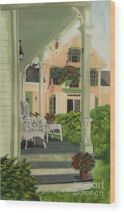 Side Porch Wood Print featuring the painting Patriotic Country Porch by Charlotte Blanchard