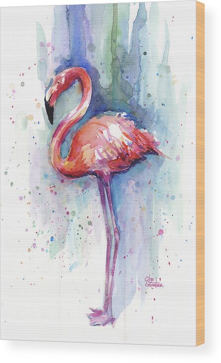 Watercolor Wood Print featuring the painting Pink Flamingo Watercolor by Olga Shvartsur