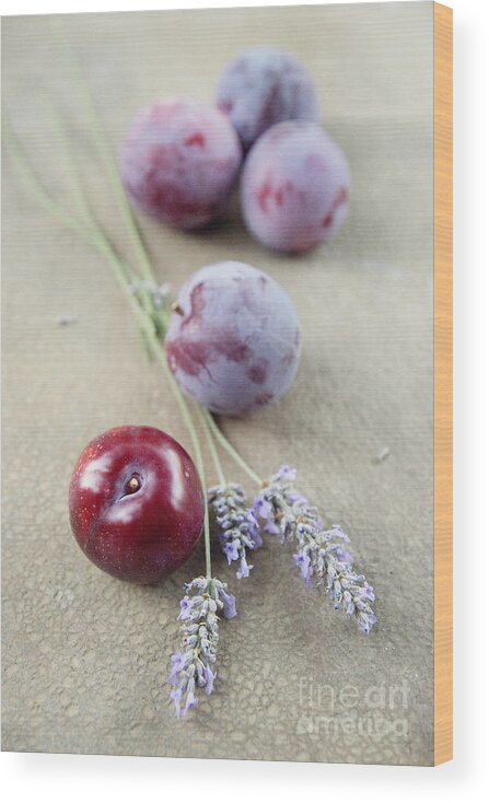 Plum Wood Print featuring the photograph Plums and lavender by Cindy Garber Iverson