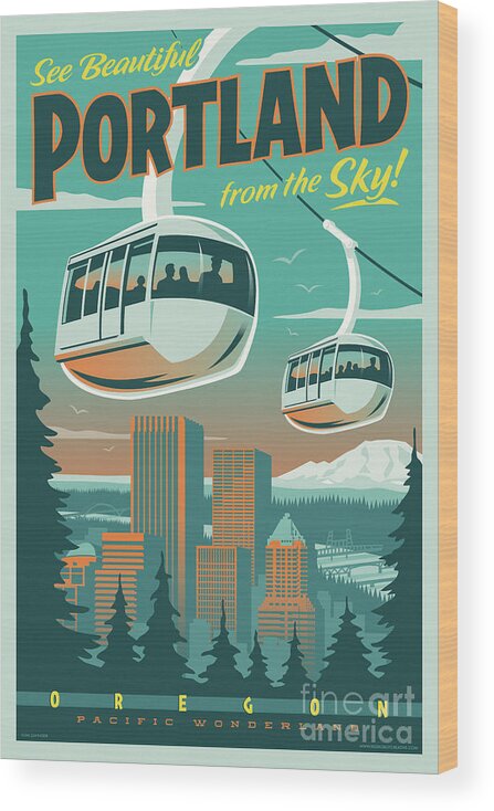 Travel Poster Wood Print featuring the digital art Portland Poster - Tram Retro Travel by Jim Zahniser