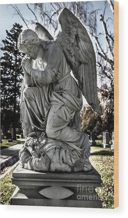 Praying Angel Wood Print featuring the photograph Praying Cemetery Angel by Gary Whitton