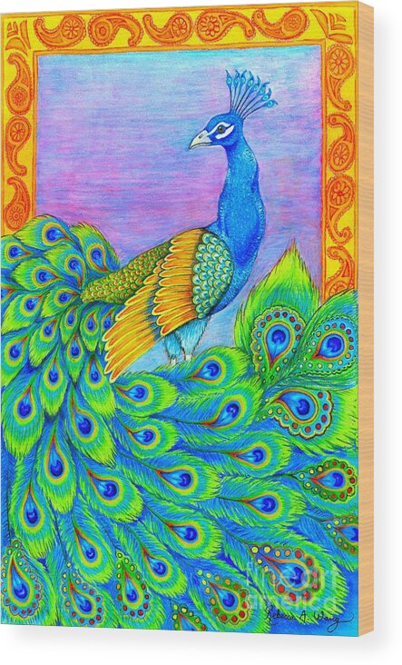 Peacock Wood Print featuring the drawing Pretty Peacock by Rebecca Wang