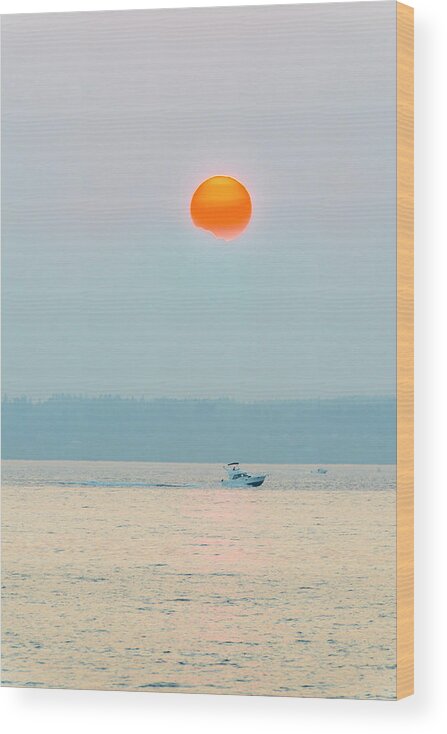 Sunset Wood Print featuring the digital art Puget Sound under the heavy smoke by Michael Lee