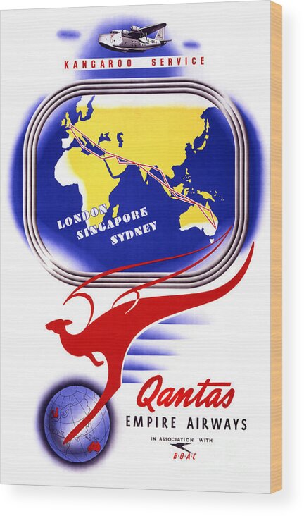 Vintage Travel Wood Print featuring the painting Qantas Empire Airways Vintage Poster Restored by Vintage Treasure