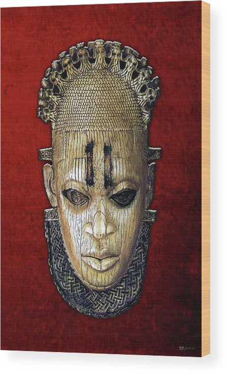 'treasures Of Africa' Collection By Serge Averbukh Wood Print featuring the digital art Queen Mother Idia - Ivory Hip Pendant Mask - Nigeria - Edo Peoples - Court of Benin on Red Velvet by Serge Averbukh