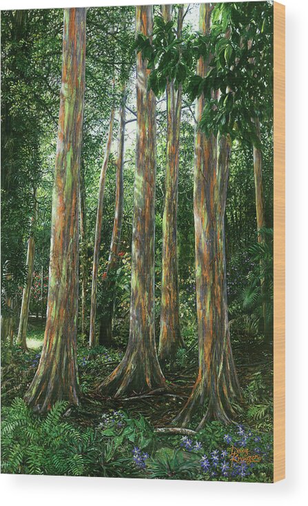 Eucalyptus Deglupta Wood Print featuring the painting Rainbow Forest by Doug Kreuger