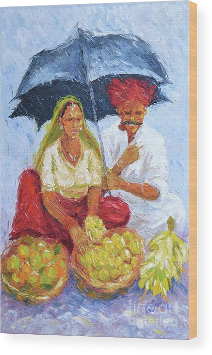  Wood Print featuring the painting Rainy Day at the Market by Jyotika Shroff