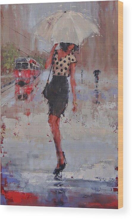 Laura Zanghetti Wood Print featuring the painting Rainy Day Blues by Laura Lee Zanghetti