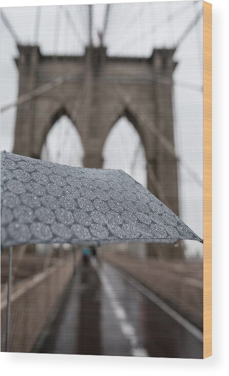 Brooklyn Wood Print featuring the photograph Rainy Day on the Brooklyn Bridge Brooklyn New York Cables Umbrella by Toby McGuire
