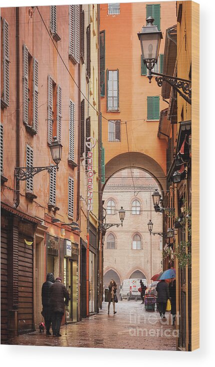Neighbourhood Wood Print featuring the photograph Rainy street scene Bologna Italy by Sophie McAulay