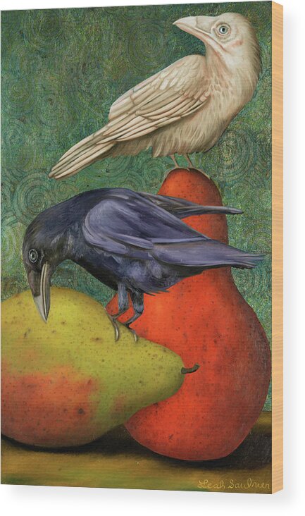 Ravens Wood Print featuring the painting Ravens On Pears by Leah Saulnier The Painting Maniac