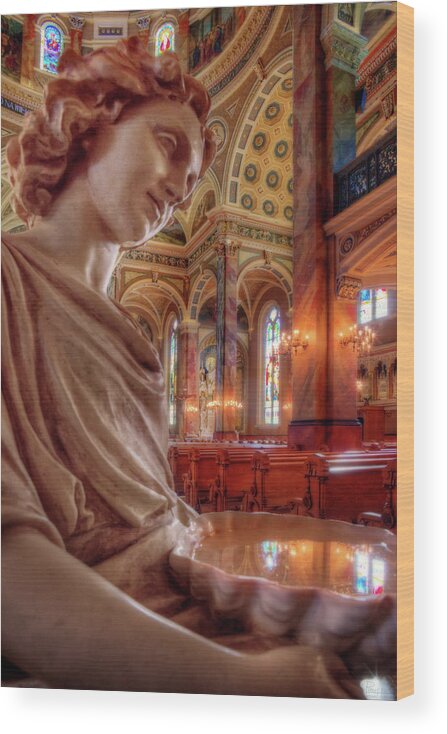 Basilica Josaphat Milwaukee Cathedral Font Holy Water Church Tabernacle Sanctuary Angel Religion Mass Catholic Polish Wi Wisconsin Wood Print featuring the photograph Reflecting on that which is Holy by Peter Herman