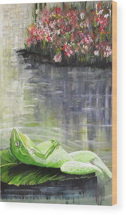 Art Wood Print featuring the painting Relaxing Frog in a Sunny Pond by Medea Ioseliani