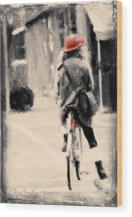 Vintage Wood Print featuring the painting Riding my Bicycle in a Red Hat by Chris Armytage