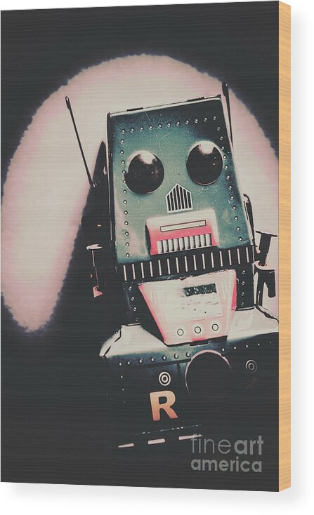 Robot Wood Print featuring the photograph Robotic mech under vintage spotlight by Jorgo Photography