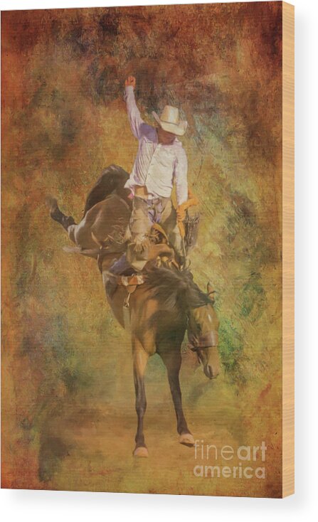 Rodeo Bronco Riding Wood Print featuring the digital art Rodeo Bronco Riding Three by Randy Steele