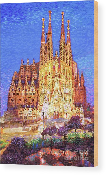 Spain Wood Print featuring the painting Sagrada Familia at Night by Jane Small