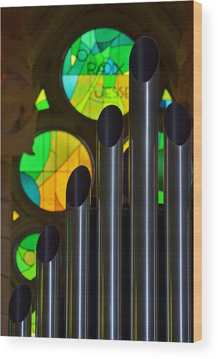 Sagrada Wood Print featuring the photograph Sagrada Familia Organ Green Stained Glass Windows by Toby McGuire