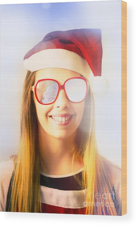 Australia Wood Print featuring the photograph Santa hat woman celebrating Christmas in Australia by Jorgo Photography