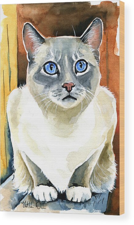 Cat Wood Print featuring the painting Sapphire Eyes - Snowshoe Siamese Cat Portrait by Dora Hathazi Mendes