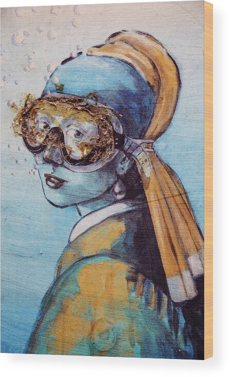 Graffiti Wood Print featuring the photograph Scuba Girl with Pearl Earring by Irene Suchocki