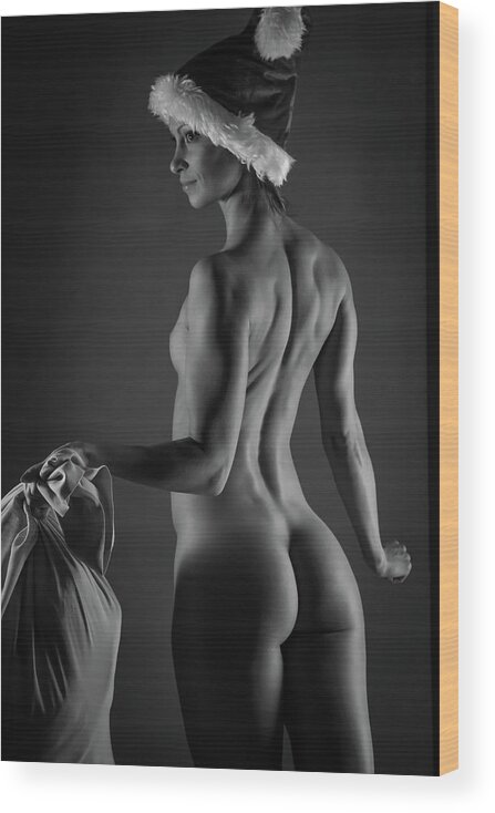 Monochromatic Nude Wood Print featuring the photograph Sexy Santa by Blue Muse Fine Art