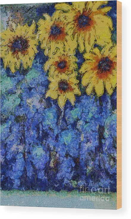 Sunflowers Wood Print featuring the photograph Six Sunflowers on Blue by Claire Bull