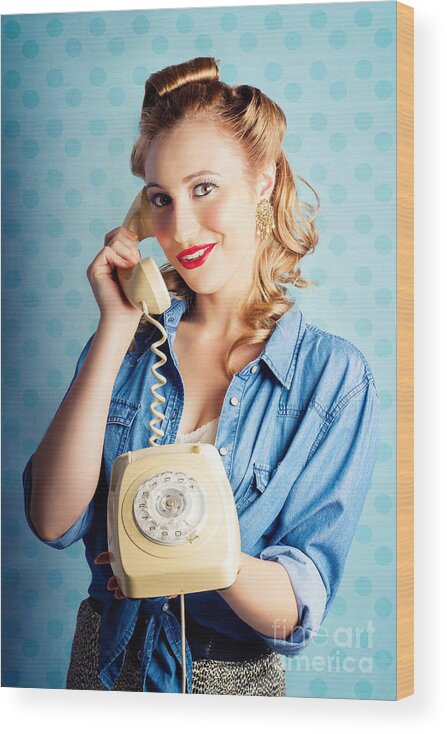 Office Wood Print featuring the photograph Sixties Woman Holding Vintage Telephone Handset by Jorgo Photography
