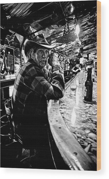Black And White Photograph Portrait Of Dude Drinking Whiskey And Beer In A Dive Bar Wood Print featuring the photograph Southern Dude by Joan Reese
