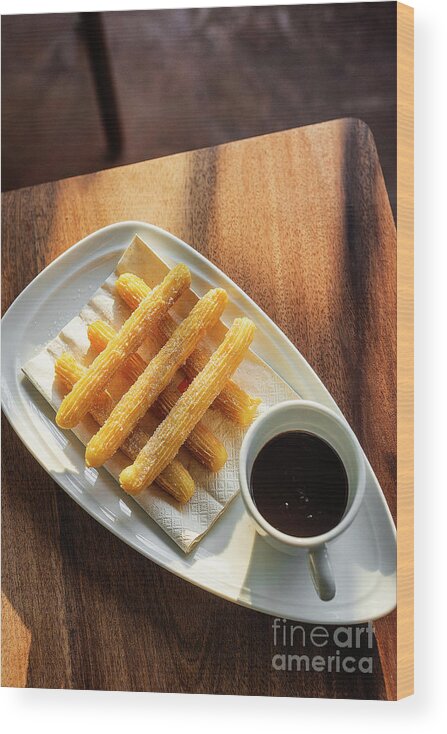 Basic Wood Print featuring the photograph Spanish Churros With Chocolate Traditional Spain Sweet Tapa Brea by JM Travel Photography