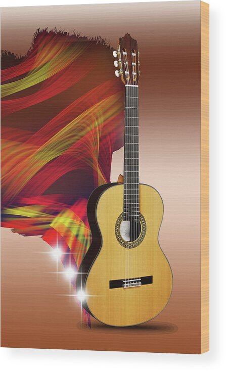 Digital Art Wood Print featuring the digital art Spanish guitar by Angel Jesus De la Fuente