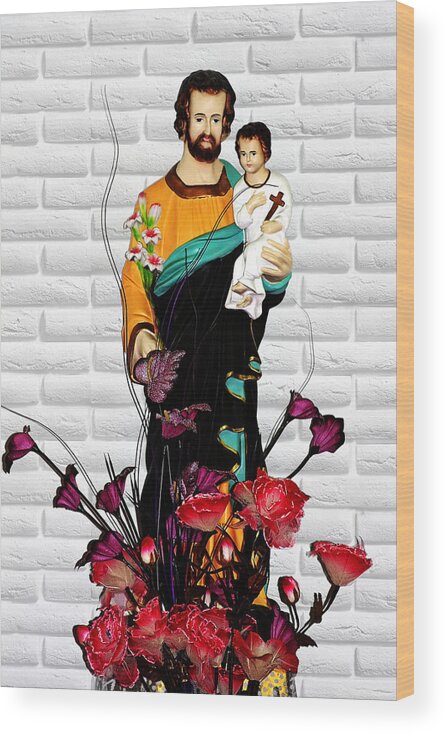 Saint Wood Print featuring the photograph St Joseph holding Baby Jesus - Catholic Church Qibao China by Alexandra Till