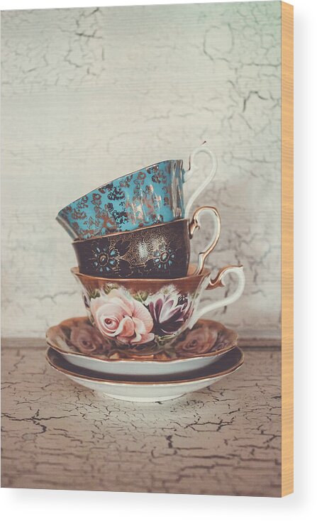 Vintage Teacups Wood Print featuring the photograph Stacked Teacups III by Colleen Kammerer