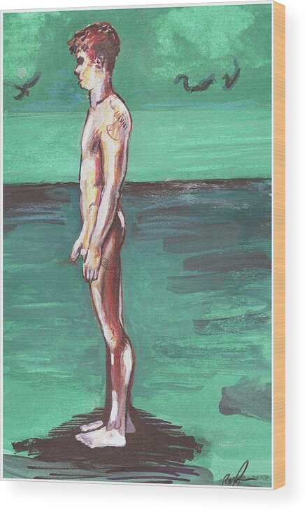 Nude Figure Wood Print featuring the painting Standig on a Cold Beach with Hesitation by Rene Capone