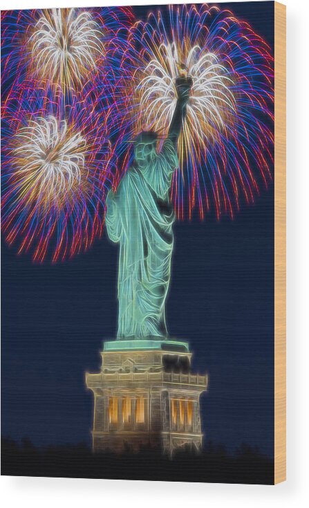 Statue Of Liberty Wood Print featuring the photograph Statue Of Liberty Fireworks by Susan Candelario