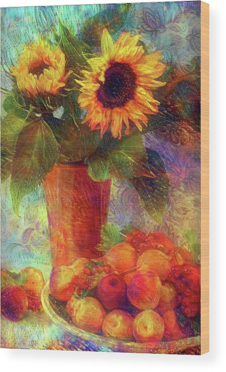 Still Life With Sunflower Wood Print featuring the mixed media Still life with Sunflower 2 by Lilia S