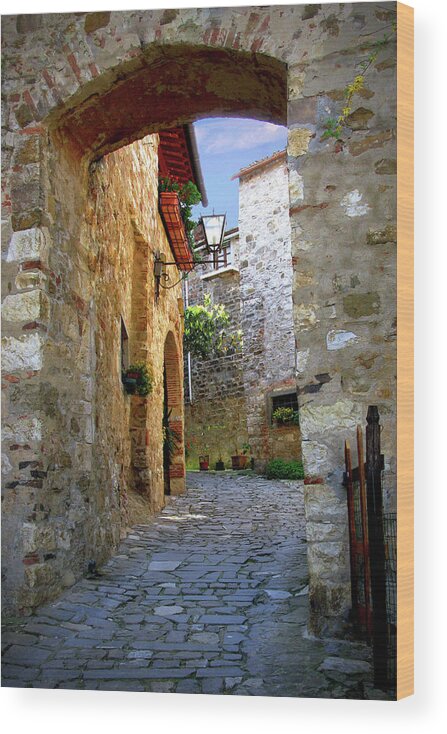 Romantic Street Wood Print featuring the photograph Street Arch in Montefioralle Italy by Lily Malor