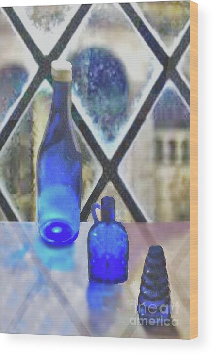 Blue Wood Print featuring the digital art Study of Light on Cobalt Bottles by Janette Boyd
