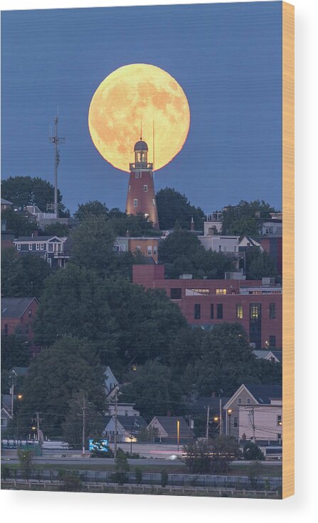 Maine Wood Print featuring the photograph Sturgeon Moon over Portland Observatory by Colin Chase